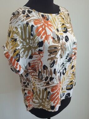 Tahari M Women’s Botanical Print Short Sleeve Top - Linen with Orange & Olive